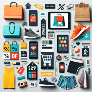 Online shopping tips collage featuring smart devices, shopping bags, discount symbols, and gym clothes