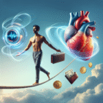 A person standing balanced on a tightrope, symbolizing the balance between health and beauty, with symbolic items like a technology device, a heart, and a wallet floating around them.