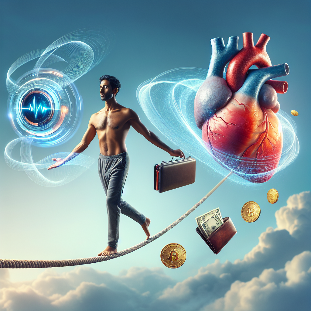 A person standing balanced on a tightrope, symbolizing the balance between health and beauty, with symbolic items like a technology device, a heart, and a wallet floating around them.