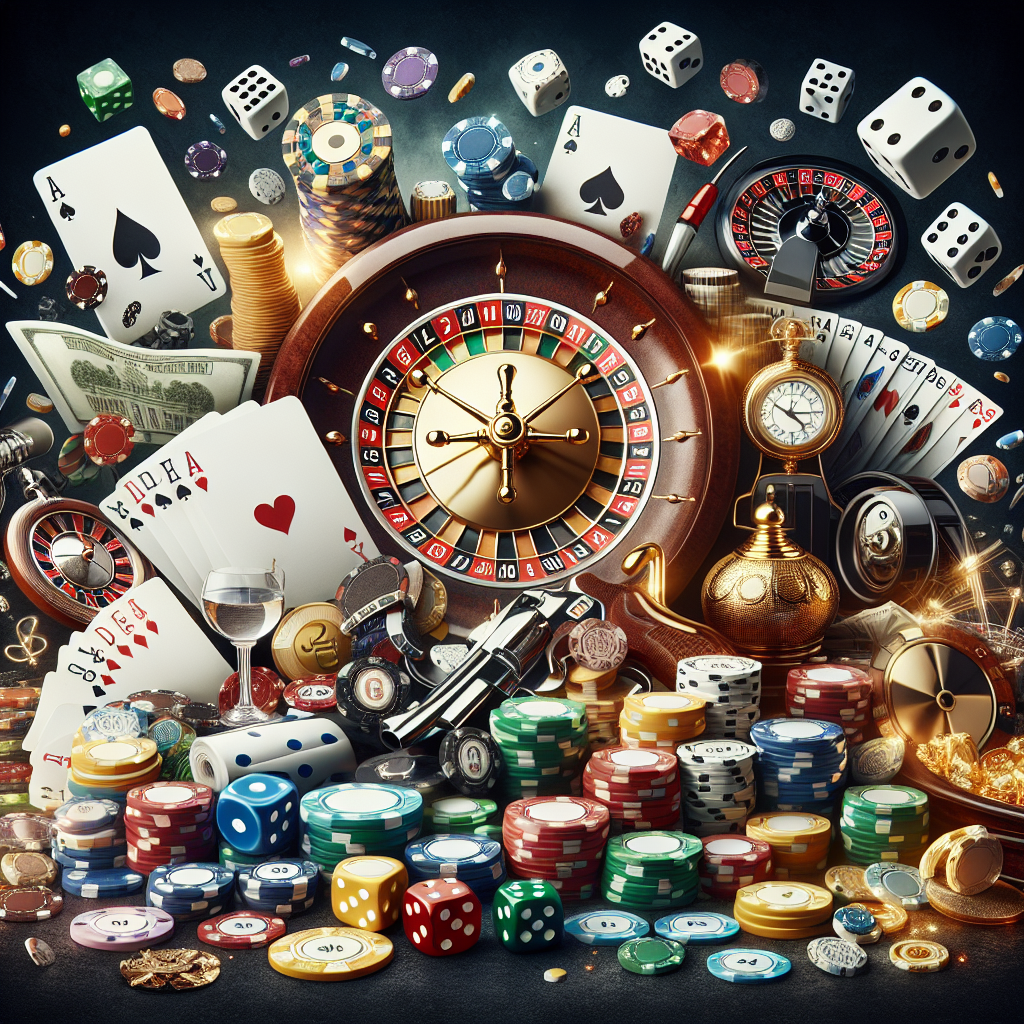 En blanding av forskjellige casino elementer inkludert terninger, spillekort, chips og en lykkehjul.