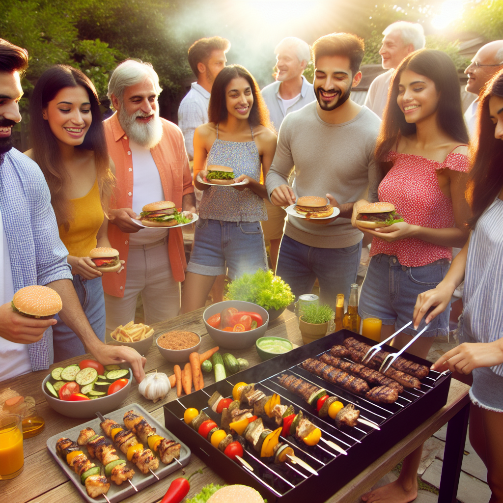 En familie som samles rundt en grill i sommersolen, med et bord fullt av grillretter som grillspyd, hamburgere, og grønnsaker.