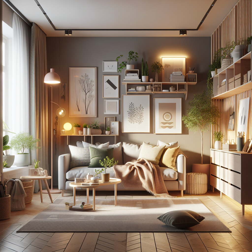 Koselig nordisk stue med varm belysning, grønne planter, myke tekstiler og funksjonelle oppbevaringsløsninger, moderne skandinavisk stil