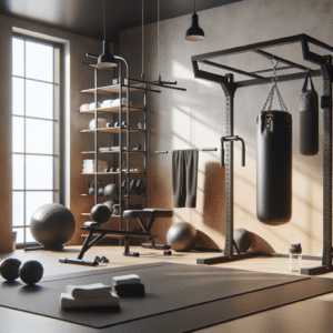 En moderne hjemme-gym med et kombinert bokse- og pull-up-stativ, svart boksesekk, naturlig lys, treningsmatte og håndklær, fokus på funksjonelt design og brukervennlighet