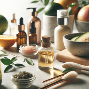 Nærbilde av naturlige hudpleieprodukter, duftflasker og friske råvarer på et lyst bord, stilrent og frisk estetisk uttrykk