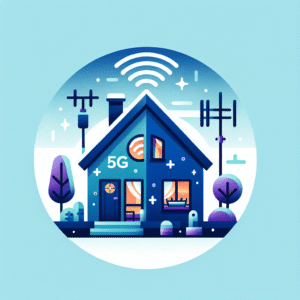 Illustrasjon av et moderne norsk hjem med 5G-ruter, mobilantenner i bakgrunnen og ikon for trådløs forbindelse, klart fargevalg, teknologisk og innbydende atmosfære