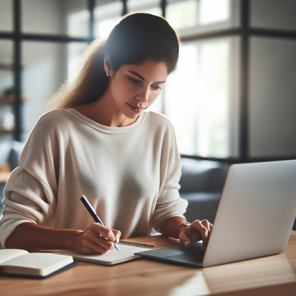 Ung voksen som bruker laptop og notatblokk for å planlegge personlig økonomi, moderne hjemmekontor, klart lys, minimalistisk stil