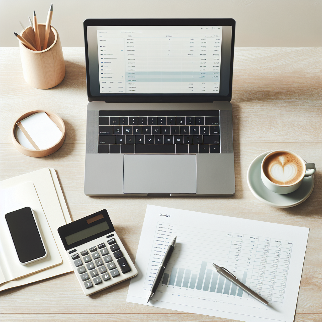 Moderne pult med laptop, kalkulator, budsjettskjema og kaffekopp, lys nordisk stil