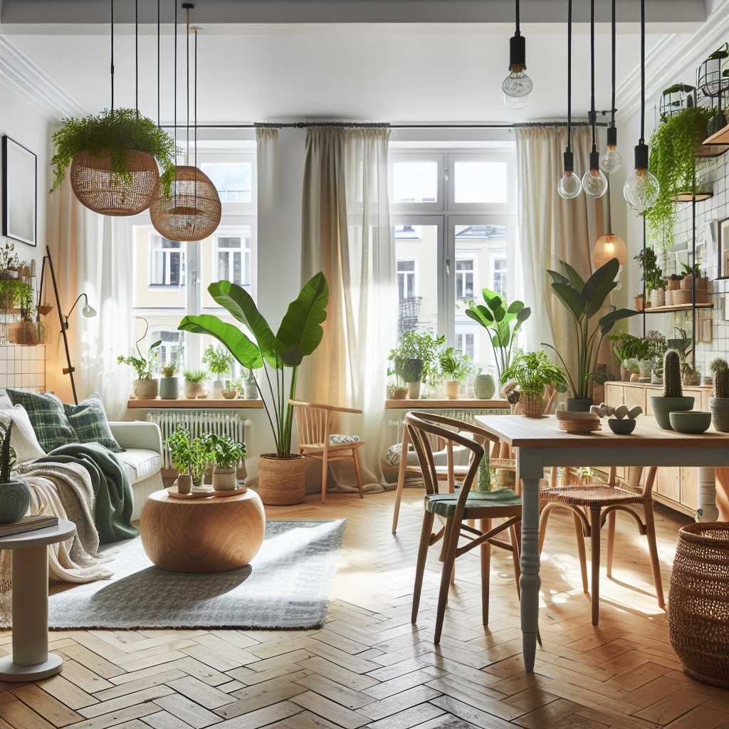 Lyst og innbydende nordisk hjeminteriør med grønne planter, smart belysning og gjenbruksmøbler, varm og moderne atmosfære